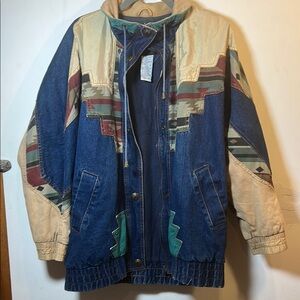 Vintage 80s 90s Weathered Blues Denim Jean Jacket Aztec Retro Medium